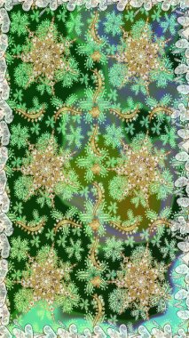 Yeşil ve nötr renklerde altın desenli, altın çiçekli desenler. Raster geometrik arka plan. Senin tasarımın için, duvar kağıdı. Altın rengi kusursuz illüstrasyon.