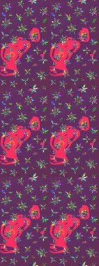 Çiçek duvar kağıdı. Çizim kalıbı. Hint süsü. Renkli süs kenarı. Mor ve pembe renklerde. Raster illüstrasyonu.