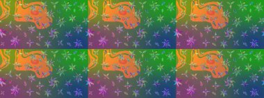 Raster illüstrasyonu. Yeşil ve mavi renklere karalamalar çizilmiş çiçek deseni.