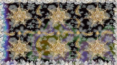 Kusursuz damaske klasik altın desen. Tekrarlayan elementlerle soyut arkaplan oluşturun. Raster illüstrasyonu. Gri ve siyah renklerde altın desenli altın elementler.