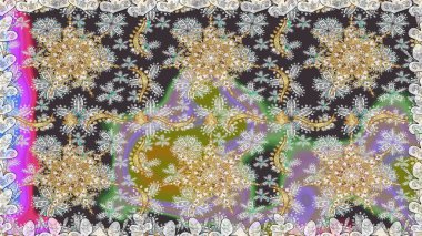 Kusursuz kıvırcık saçlar. Raster altın desen. Doğulu stil altın deseni gri ve nötr renklerle altın elementlerle donatır.