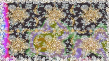 Kusursuz kıvırcık saçlar. Raster altın desen. Doğulu stil altın deseni gri ve nötr renklerle altın elementlerle donatır.