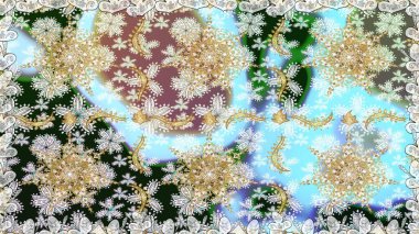 Kart, duvar kağıdı, ambalaj ve tekstil için klasik tasarım. Altın şablon. Kusursuz desenli altın elementler. Raster illüstrasyonu. Tarafsız ve gri renklerin kraliyet retro 'su. Çiçeksel klasik doku.