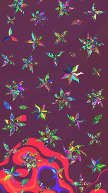 Çiçekli ipek eşarp. El çizimi çiçek unsurları olan soyut çizim raster deseni. 1950-1960 motifleri. Retro tekstil tasarım koleksiyonu. Kahverengi ve mor üzerine kahverengi ve mor.