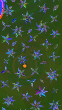 Çiçek yeşili ve mavi çizim deseni. Raster çiçek izi. Klasik taslak çizimi.