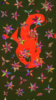 Raster illüstrasyonundaki çiçek desenli çizim. Gri ve yeşil renkli çiçekler. Düz Çiçek Elementleri Tasarımı. Renkli Bahar Teması çizim şablonu.