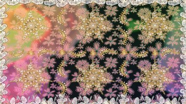 El yapımı dekoratif çerçeve, albüm kapağı, tebrik kartı, klasik Art deco tarzı. Altın karalama fantezi yapraklarından Raster soyut çiçek çelengi ve gri ve bej renkli bir çiçek.