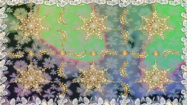 Dekoratif simetri arabesk. Doğum günü kartı, davetiye ya da afiş için iyidir. Tarafsız ve gri renklere altın. Kusursuz ortaçağ çiçek deseni. Raster illüstrasyonu.