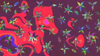 Suluboya elle çizilmiş çiçek desenli eskiz deseni. Parlak renkli fantezi çiçekleri, yapraklar, kahverengi ve pembe renkli tomurcuklar kahverengi ve pembe.