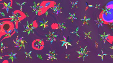 Egzotik çiçekler, mor ve menekşe renkleri üzerine botanik ve parlak klasik doğa. Klasik tropikal doğal elementlerin suluboya seti. Raster illüstrasyonu.