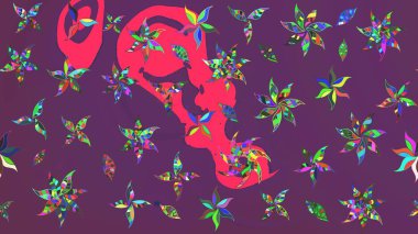 Moda baskıları için zarif bir şablon. Modern çiçek arkaplanı. Parlak renkli çiçekleri olan ve mor ve pembe renkte yaprakları olan harika bir çiçek deseni. Halk stili.