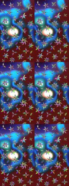 Raster deseni. Bahar çiçekleri dallı desen, mavi ve kırmızı renkler çiçekli siluet.