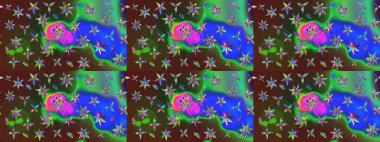 Hediye ambalaj kağıdı, tebrik kartları, posterler ve pankart tasarımı. Raster düz çiçek çizim deseni. Yeşil ve mavi renkte çiçekler.