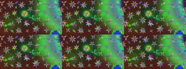 Eskiz geçmişi. Kumaş, tekstil, duvar kağıdı baskısı için. Eski usul. Raster illüstrasyonu. Renkli desenli eskiz deseni, yeşil ve kahverengi çiçekler ve dekoratif elementler.