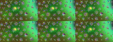 Yeşil ve mavi renkte çiçekler. Renkli Yaz Temalı eskiz kalıbı. Düz Çiçek Elementleri Tasarımı. Sevimli çiçek raster deseni.