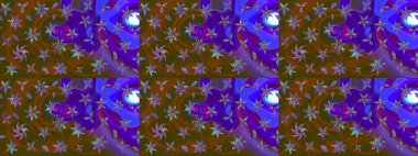 Çiçek deseni. Kahverengi ve mor renkli çiçek çizimi. Şatafatlı bahar bahçesi dokusu. Raster illüstrasyonu. Kahverengi ve mor renkte çiçekler.