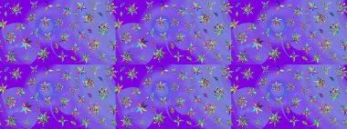 3D çiçekler, eskiz. Raster illüstrasyonu. Mor ve yeşil renkler üzerinde.