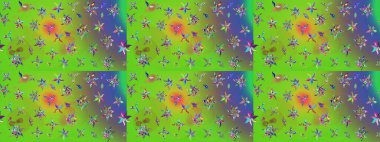 Patlayan çiçekler soyut olarak yerleştirilmiş. Raster deseni. Yumuşak, yeşil ve mor renkte bahar çiçekleri. Raster illüstrasyonu.