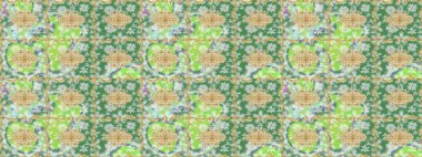 Çiçek süsü kumaş deseni, cam, çiçek desenli metal altın elementli yeşil renkler. Klasik Raster altın eskiz modeli..