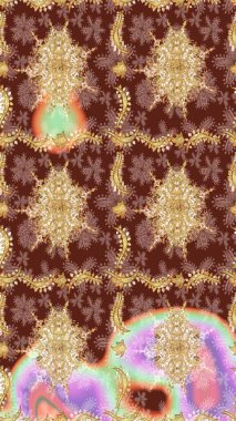 El yapımı dekoratif çerçeve, albüm kapağı, tebrik kartı, klasik Art deco tarzı. Raster soyut çiçek çelengi altın karalama fantezi yaprakları ve kahverengi renkte çiçek.