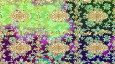 Kına dövmeli süs çiçekleri, altın çıkartmalar, mehndi ve yoga tasarımı, kartlar ve parmak izleri. Raster Golden Mehndi eskiz kalıbı. Yeşil renkte desen.