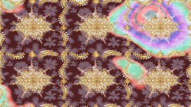 Süslü raster dekorasyonu. Kahverengi renklerde altın desenler ve altın elementler. Barok biçiminde duvar kağıdı tasarımı için şablon çizimi arkaplanı.