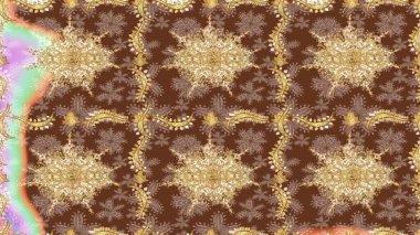 Çizim altın desenli bukleler. Kahverengi renkte çizim deseni. Raster Golden eskiz kalıbı. Doğu tarzında altın elementler arabesk.