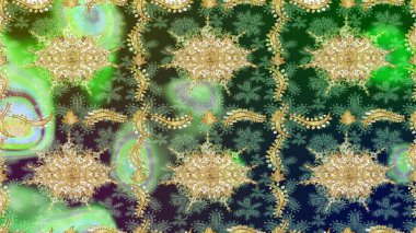 Hassas altın deseni açın. Raster sanatı. Yeşil renkler ve altın elementler üzerine çizim. Parlak dantel, stilize çiçekler, şal desenli. Doğu tarzı arabesk. Altın desenli bukleler çiz