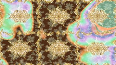 Tarafsız renklerde altın elementlerle Raster eskiz deseni. Tasarım için Damask çizim deseni.