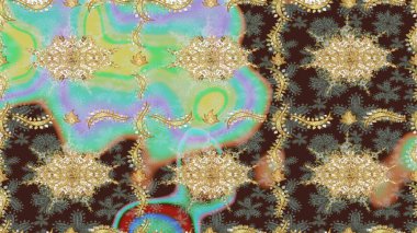 Raster altın çiçek süsü brokar kumaş ve cam desenli. Kahverengi renkler ve altın elementler. Çiçek desenli altın metal. Altın deseni çiz.