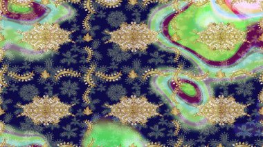 Süslü dekorasyon. Lüks, kraliyet ve Viktorya dönemi konsepti. Raster klasik barok çiçek deseni altın rengi. Altın elementlerle mavi renklerde altın desen.