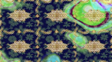 Altın karalama fantezi yapraklarından ve gri renkli çiçeklerden Raster soyut çiçek çelengi. El yapımı dekoratif çerçeve, albüm kapağı, tebrik kartı, klasik Art deco tarzı.