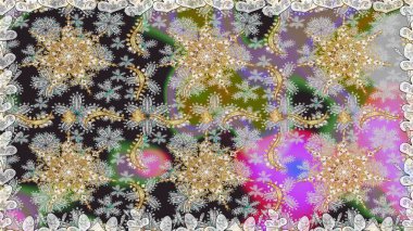 Kusursuz damaske klasik altın desen. Gri renkler ve altın elementler üzerinde altın pürüzsüz desen. Raster illüstrasyonu. Tekrarlayan ögelerle soyut arkaplan Raster.