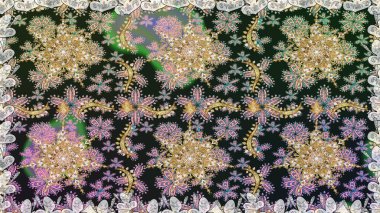 Kusursuz altın desenli bukleler. Doğu tarzı arabesk. Hassas altın deseni açın. Parlak dantel, stilize çiçekler, şal desenli. Gri renklerde, altın elementlerle kusursuz desen. Raster..