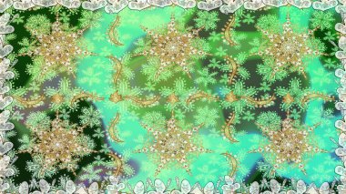 Noel, kar tanesi, yeni yıl. Yeşil renklerde ve altın elementlerle kusursuz klasik desen. Yeşil renklerdeki altın desenli altın elementler.