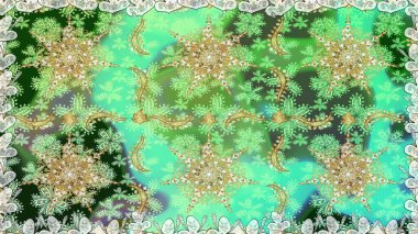 Noel, kar tanesi, yeni yıl. Yeşil renklerde ve altın elementlerle kusursuz klasik desen. Yeşil renklerdeki altın desenli altın elementler.