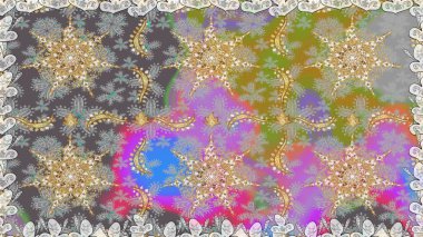 Gri renklerde, altın çiçekli altın desenler. Altın rengi, kusursuz çizim. Senin tasarımın için, duvar kağıdı. Raster geometrik arkaplanı.