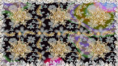 Raster geometrik arka plan. Senin tasarımın için, duvar kağıdı. Altın rengi, kusursuz çizim. Gri renklerde, altın çiçekli altın desenler..