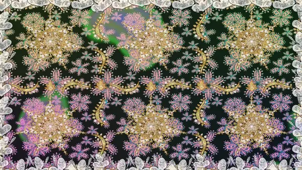 Kusursuz altın desenli bukleler. Doğu tarzı arabesk. Hassas altın deseni açın. Parlak dantel, stilize çiçekler, şal desenli. Gri renklerde, altın elementlerle kusursuz desen. Raster..