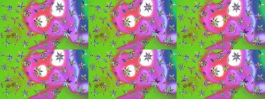 Raster illüstrasyonu. Raster illüstrasyonundaki çiçek desenli çizim. Güzel kumaş deseni. Yeşil ve mor renklerde.