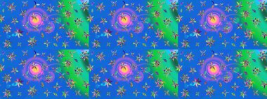 Mavi ve yeşil renkli çiçekler. Renkli Bahar Teması eskiz kalıbı. Düz Çiçek Elementleri Tasarımı. Güzel çiçek deseni..