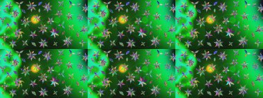 Tekrarlayan çiçek arkaplanı, zarif yeşil ve gri çiçek duvar kağıdı. Yeşil ve gri renkler üzerine çiçek desenli çizimler, el yapımı papatyalar, papatyalar.