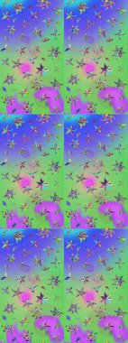 Yaz çiçekleri teması. Yeşil ve mor renkler. Klasik çiçekler. El çizimi, soyut ve süslü elementler. Suluboya resim taklit Raster illüstrasyonu.