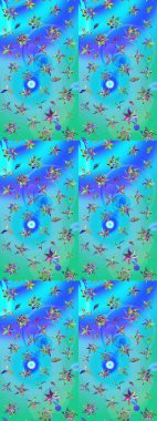 Dallı bahar çiçekleri ile desen, mavi ve yeşil renkler ile çiçek silueti. Raster deseni.