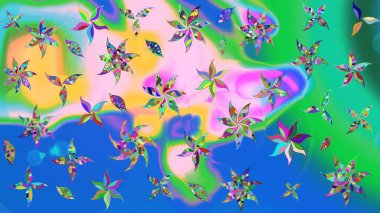 Raster illüstrasyonu. Mavi ve yeşil renklerde. 3D çiçekler, çizim.