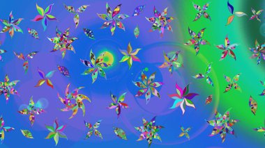 Halk tarzı. Parlak renkli çiçekleri olan ve mavi ve yeşil renkli yaprakları olan harika bir çiçek deseni. Moda baskıları için zarif bir şablon. Modern çiçek arkaplanı.