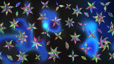 Raster illüstrasyonu. Gri ve mavi renklere karalamalar çizilmiş çiçek deseni.