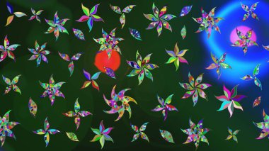 Çiçekler. Vadinin çiçekleri mavi ve yeşil renklerde. Soyut etnik raster çizim kalıbı.