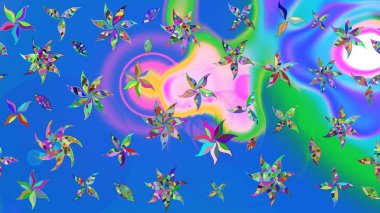 Küçük çiçekteki sevimli çiçek deseni. Varicoloblue ve yeşil raster çizimi. Birçok mavi ve yeşil soyut çiçekli tropikal çizim deseni.