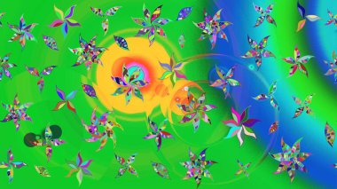 Raster illüstrasyonundaki çiçek desenli çizim. Yeşil ve mavi renkte çiçekler.